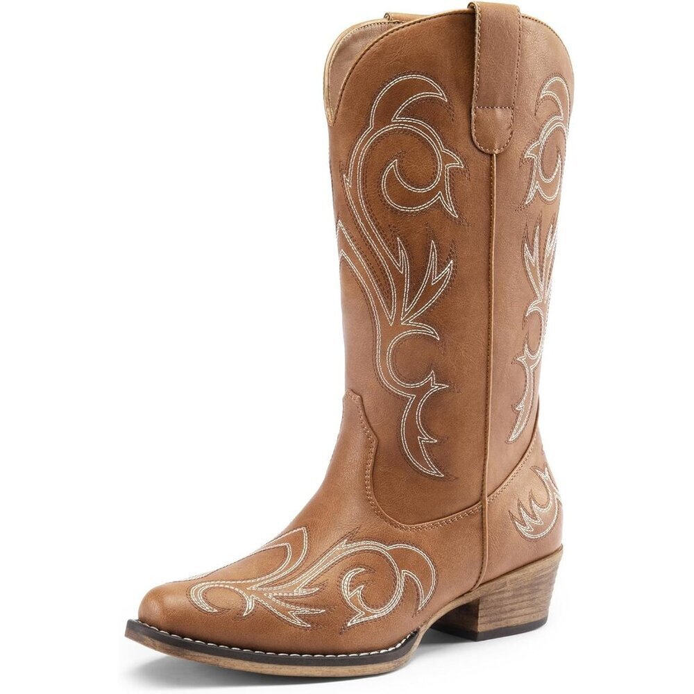 Women's Tan Mid Calf Cowgirl Square Toe Chunky Embroidery Stitched Boots